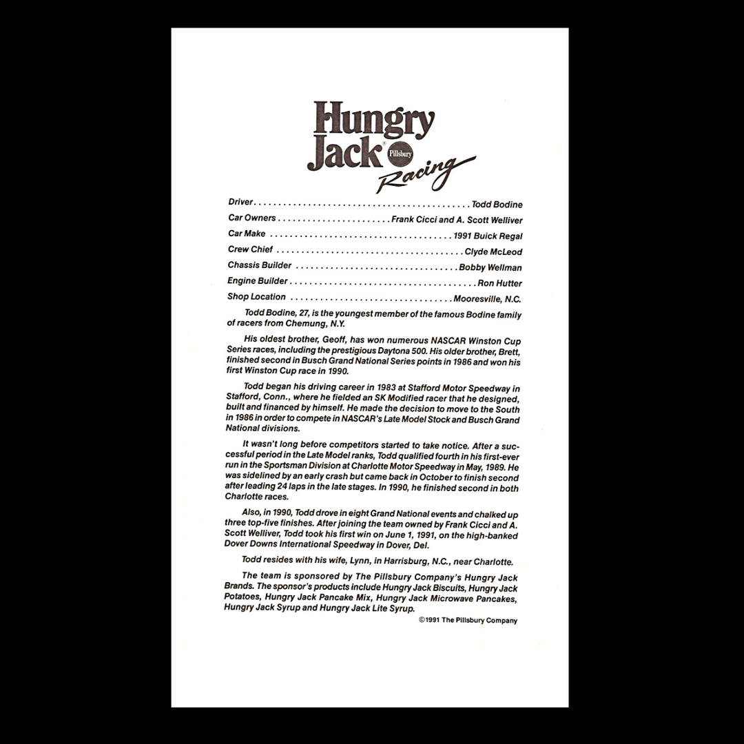 Todd Bodine Nascar Hungry Jack 6x9 Driver Card