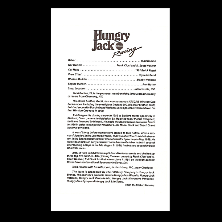 Todd Bodine Nascar Hungry Jack 6x9 Driver Card