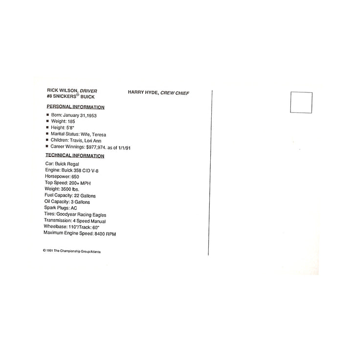Rick Wilson Nascar Snickers 6x9 Postcard