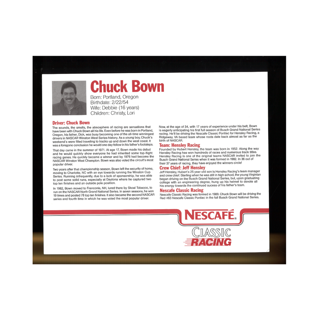 Chuck Brown Nascar Nescafe Classic Racing 8x10 Photo with Matching Trading Card