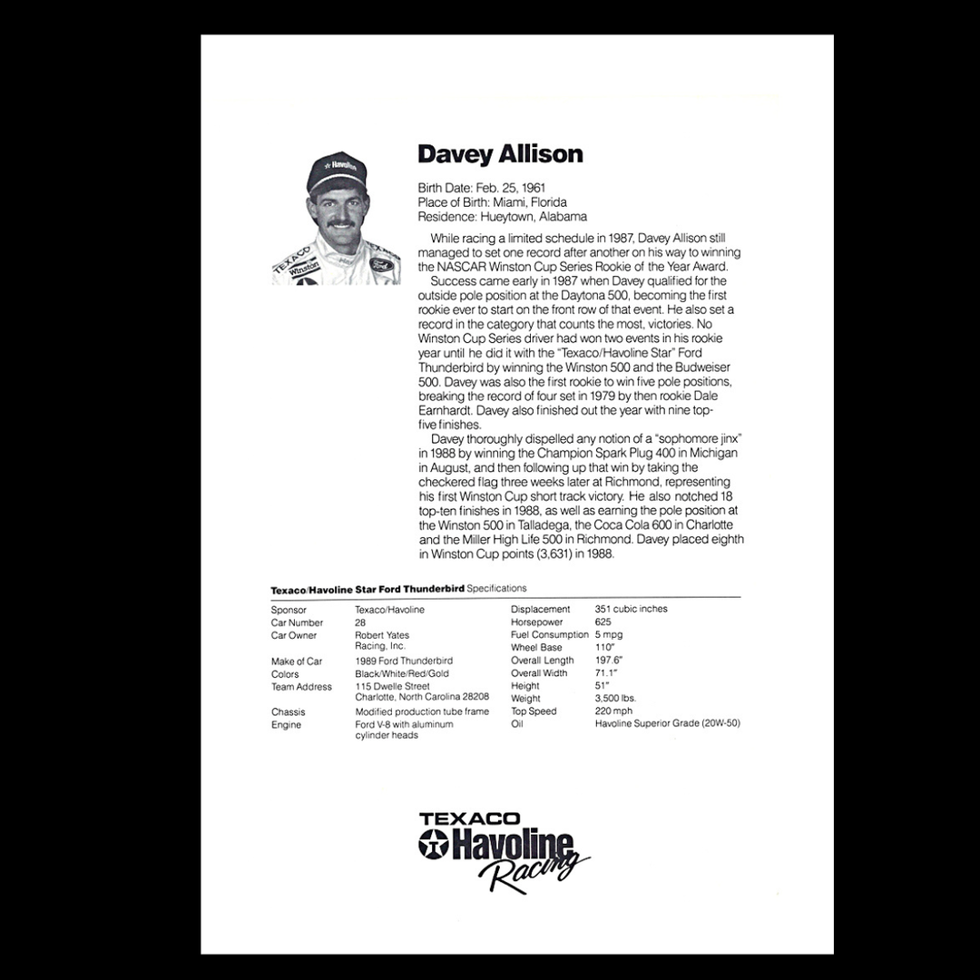 Davey Allison Nascar Texaco Havoline Racing 8x10 Driver Card