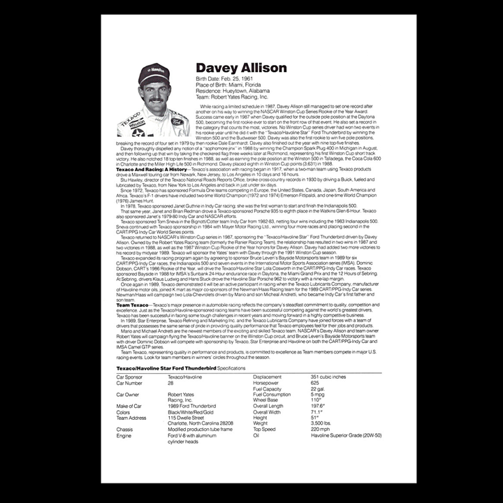 Davey Allison Nascar Texaco Havoline Racing 8x10 Driver Card