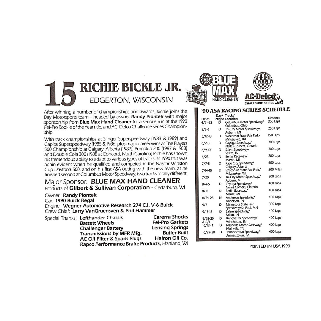 Richie Bickle Jr Nascar Blue Max Hand Cleaner 5x7 Driver Card