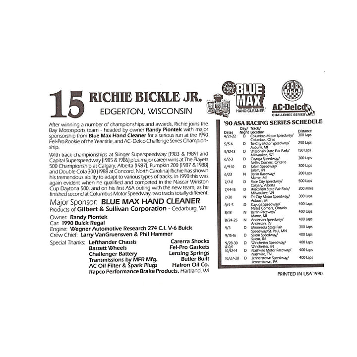 Richie Bickle Jr Nascar Blue Max Hand Cleaner 5x7 Driver Card