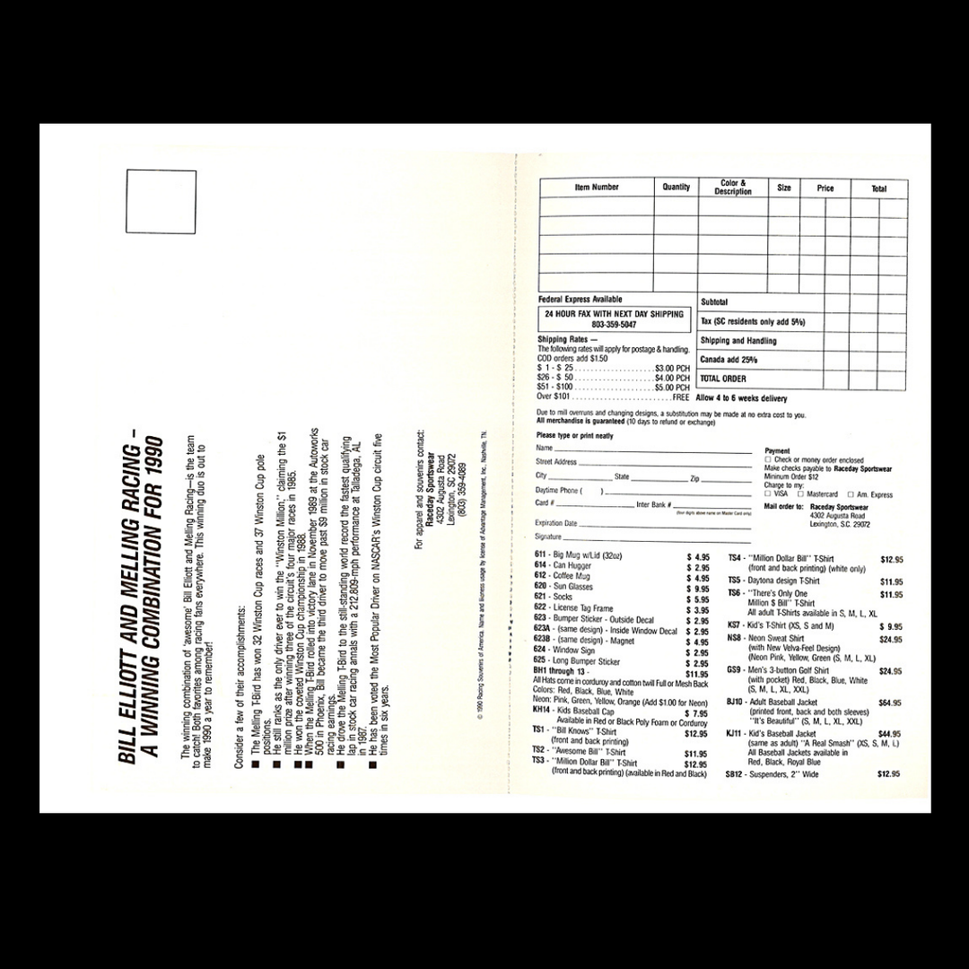 Bill Elliott Nascar #9 Melling Thunderbird 5.5x8.5 Driver Card