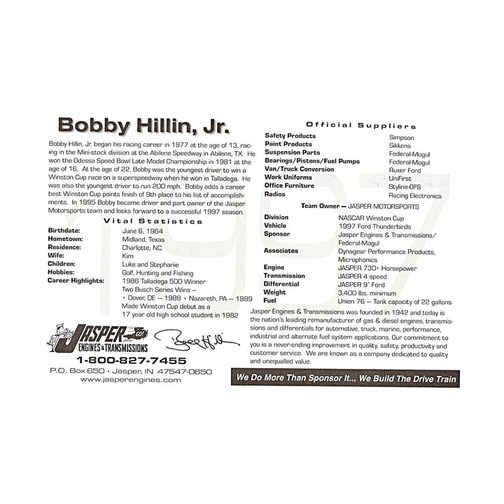 Bobby Hillin Jr Nascar Federal Mogul Jasper 6x9 Postcard