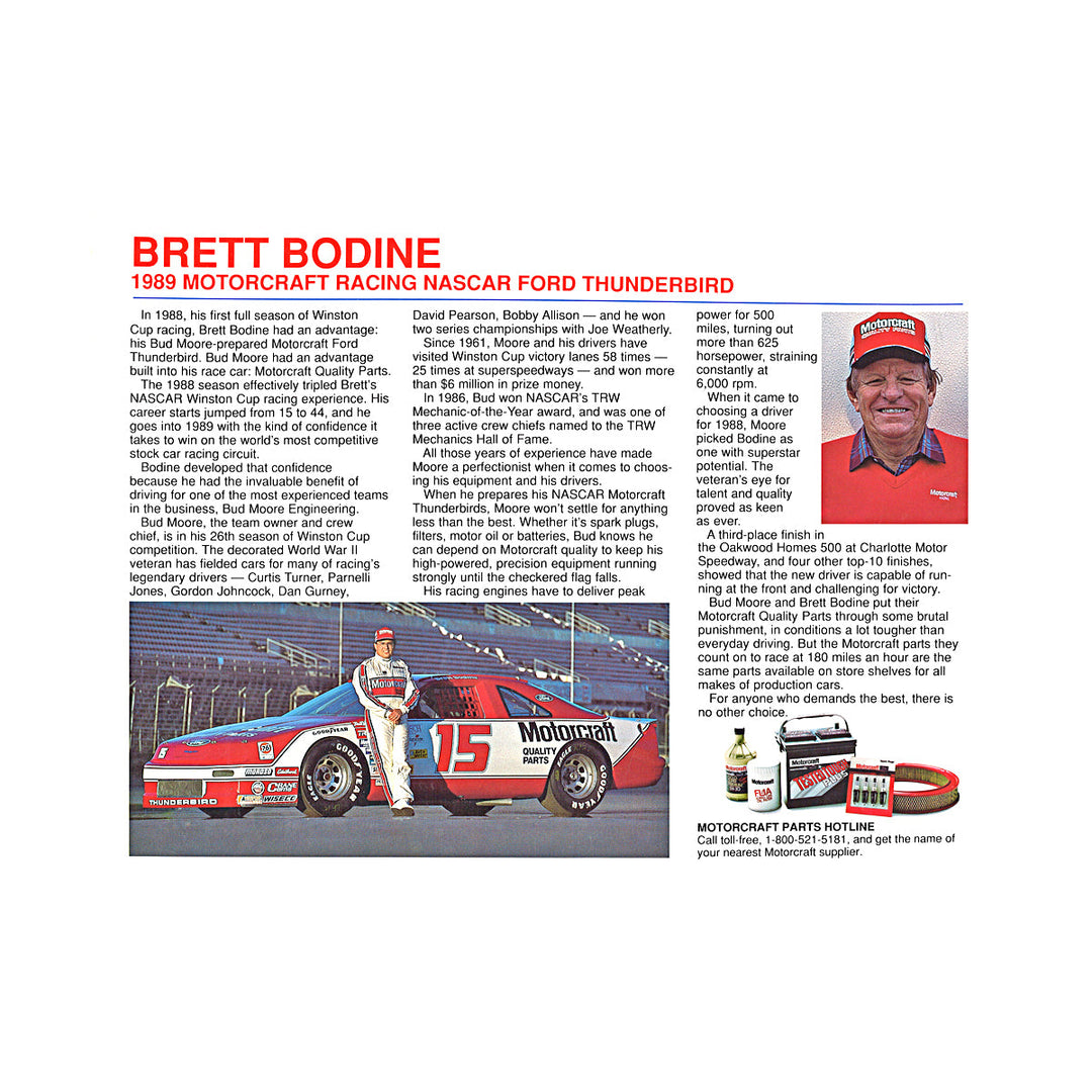 Brett Bodine Nascar Motorcraft Quality Parts 8x10 Driver Card