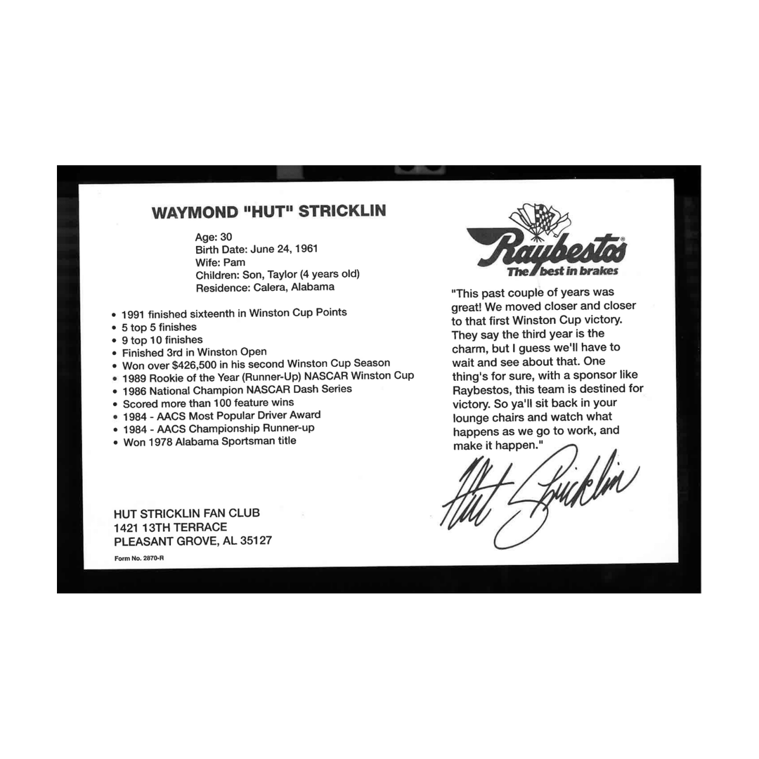 Hut Stricklin Nascar Autographed Signed Raybestos 6x9 Driver Card 