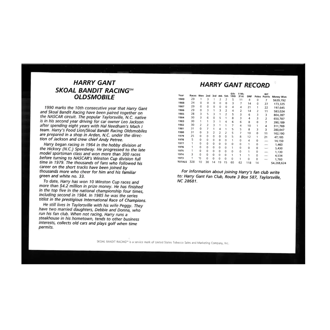 Harry Gant Nascar Autographed Signed Skoal Bandit Racing (2) Postcard