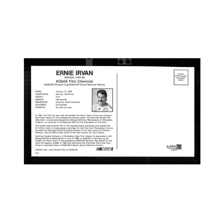 Ernie Irvan Nascar Autographed Signed Kodak Film Racing Overhead Shot Postcard 2