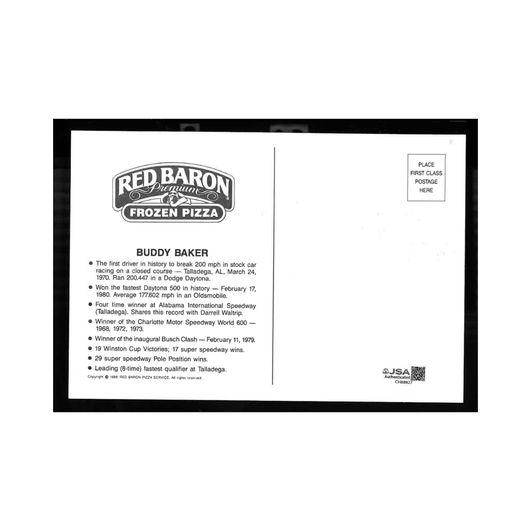 Buddy Baker Nascar Autographed Signed Red Baron Frozen Pizza 5x9 Postcard