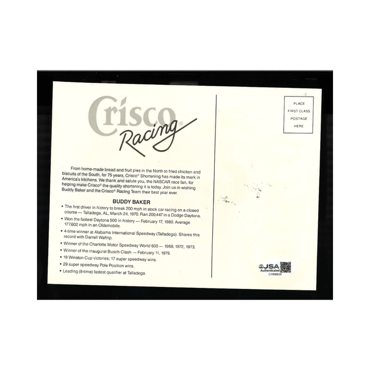 Buddy Baker Nascar Autographed Signed Cisco Racing 5x7 Postcard