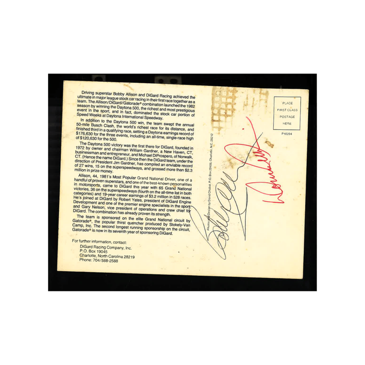 Donnie and Bobby Allison Nascar Autographed Signed 1982 Daytona 500 5x7 Postcard