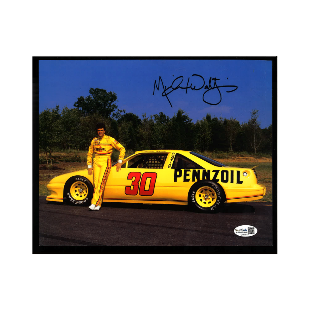 Michael Waltrip Nascar Autographed Signed Penzoil Car #30 Car In Front of Car 8x10 Photo