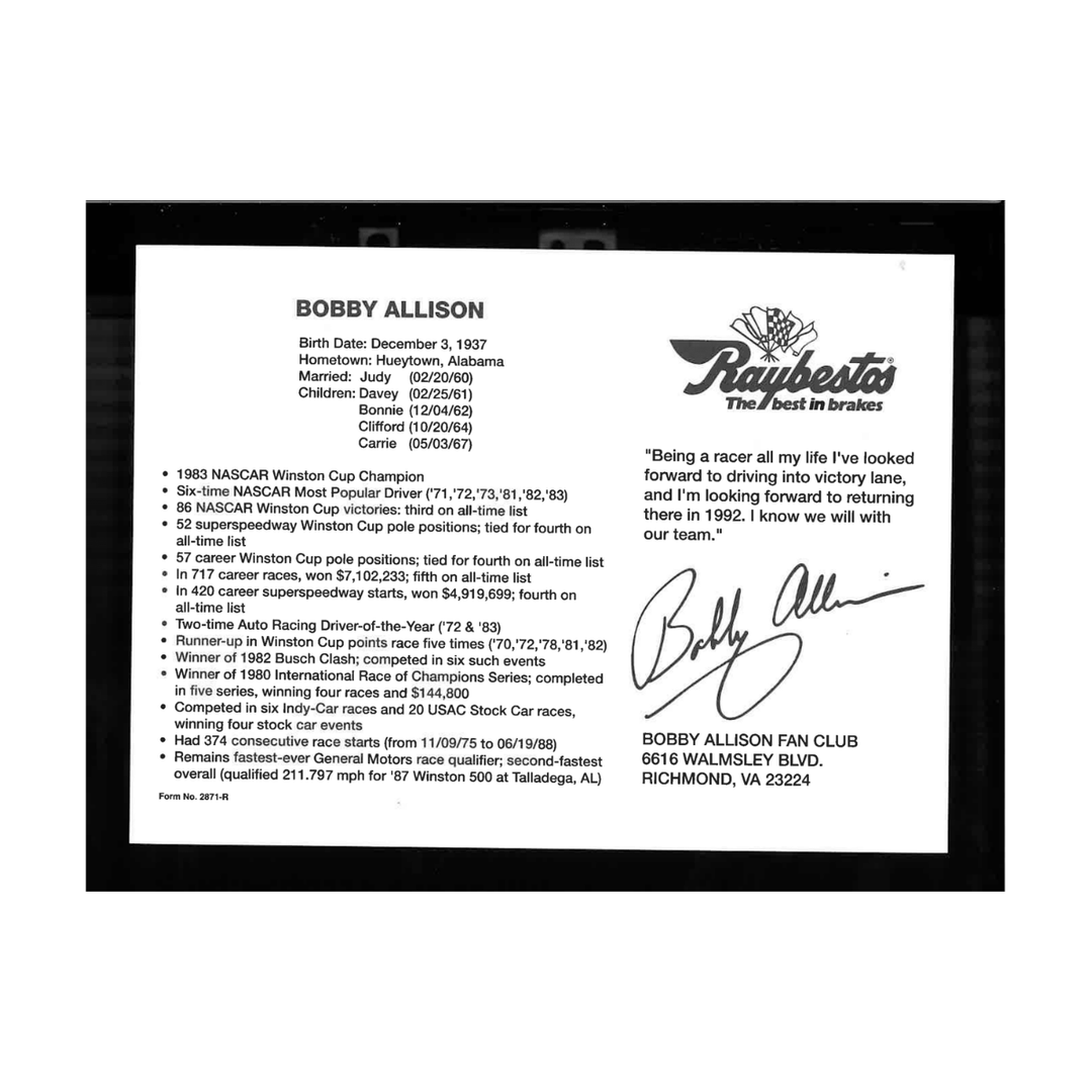 Bobby Allison Nascar Autographed Signed #12 Raybestors Car Postcard