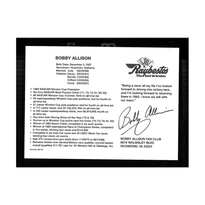 Bobby Allison Nascar Autographed Signed #12 Raybestors Car Postcard