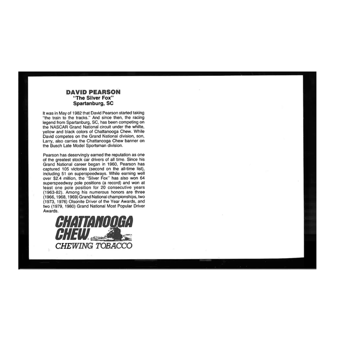 David Pearson Nascar Autographed Signed Chattanooga Chew Racing 6x9 Postcard