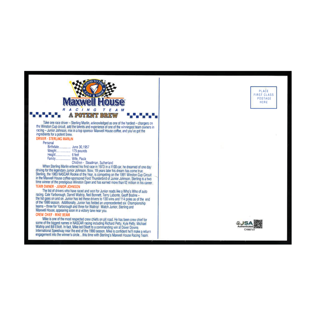 Sterling Marlin Nascar Autographed Signed Maxwell House Thundebird 6x9 Postcard