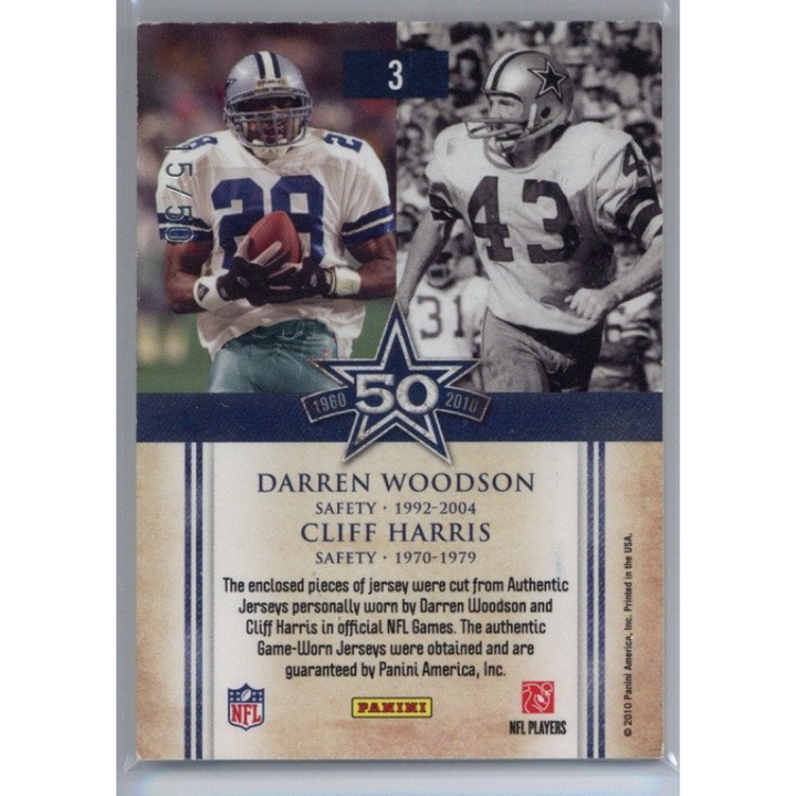 2010 Panini Classics Darren Woodson & Cliff Harris Fiftieth Anniversary Dual Patch Card #15/50 Dallas Cowboys
