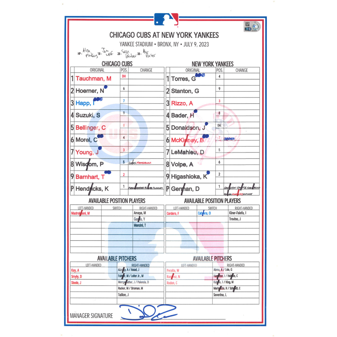 Chicago Cubs at New York Yankees 7/9/23 Cubs Dugout Lineup Card (MLB Auth #YP255455-DCH)