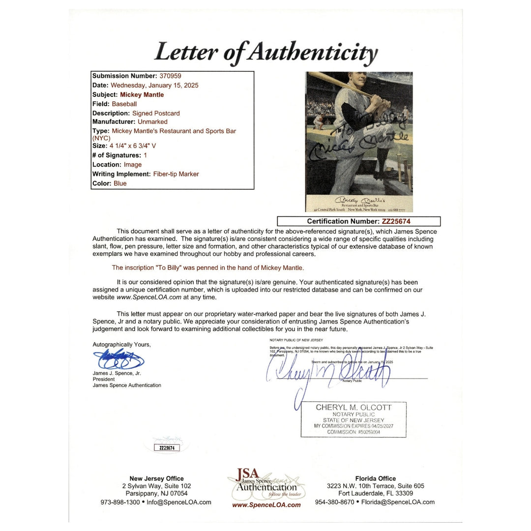 Mickey Mantle New York Yankees Autographed Signed Personalized Restaurant Card (JSA LOA #ZZ25674)