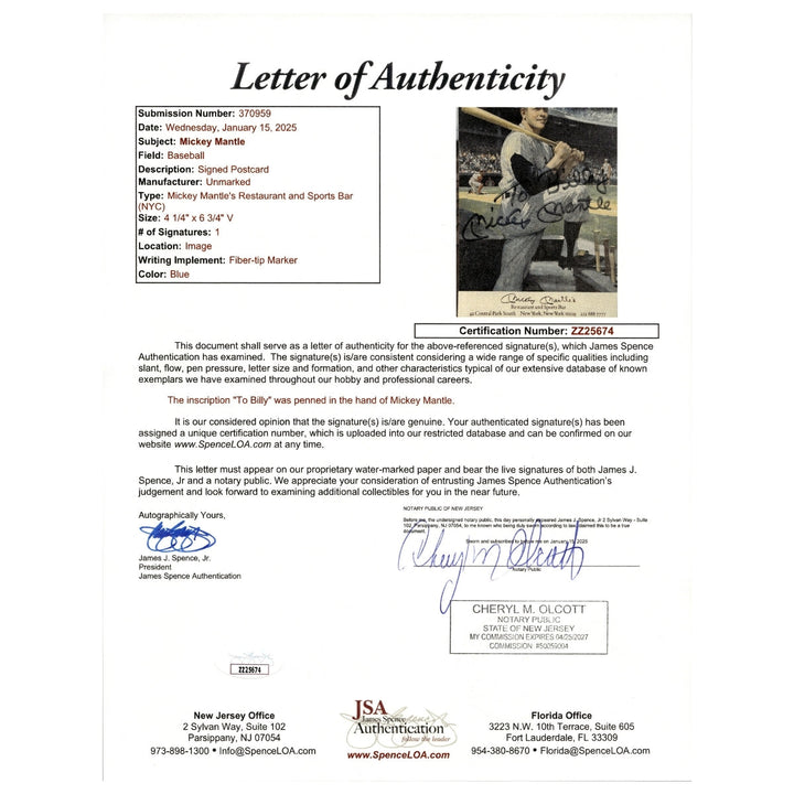 Mickey Mantle New York Yankees Autographed Signed Personalized Restaurant Card (JSA LOA #ZZ25674)