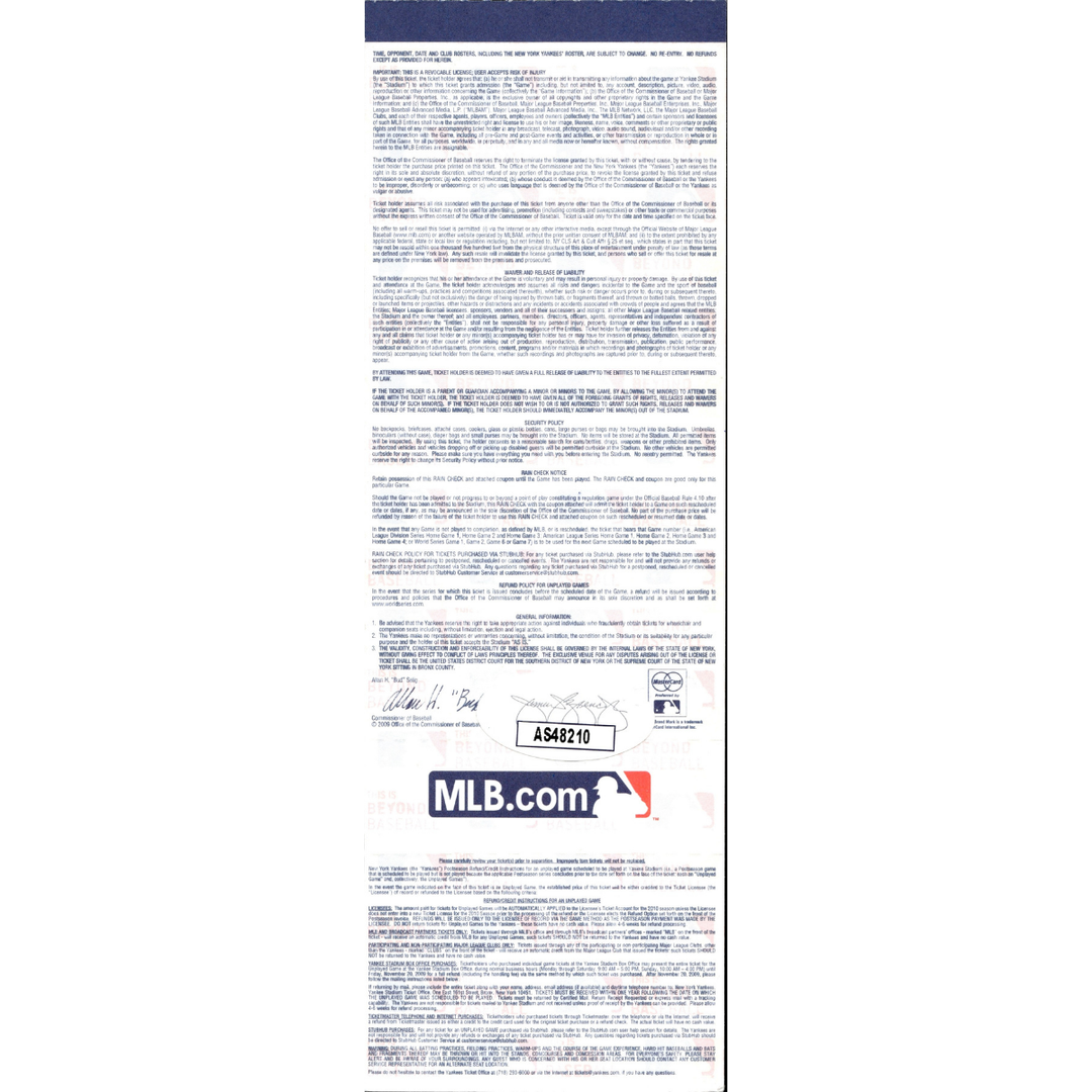 CC Sabathia New York Yankees Autographed Signed 2009 ALDS Game 1 Ticket (JSA COA #AS48210)