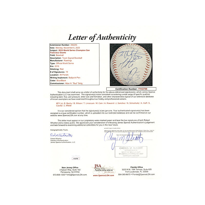 2010 World Series Champion San Francisco Giants Team Autographed Signed 19 signatures OML Baseball (JSA LOA #YY43799)