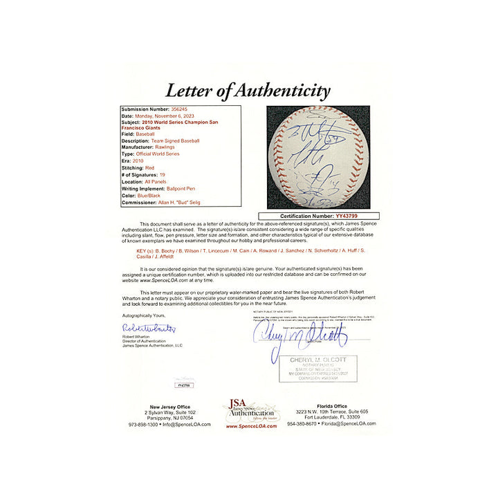2010 World Series Champion San Francisco Giants Team Autographed Signed 19 signatures OML Baseball (JSA LOA #YY43799)