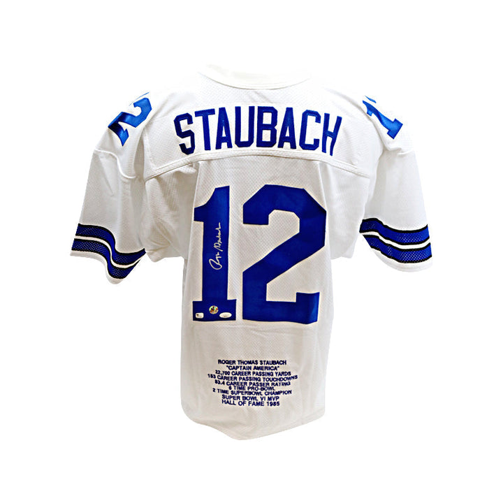Roger Staubach Dallas Cowboys Autographed Signed Statistics Embroidered Custom White Jersey (JSA Auth)