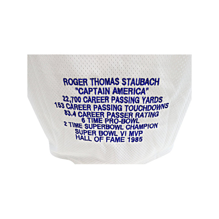Roger Staubach Dallas Cowboys Autographed Signed Statistics Embroidered Custom White Jersey (JSA Auth)