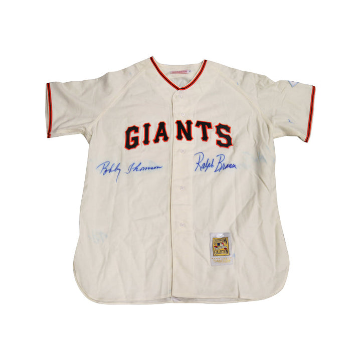 Bobby Thomson/Ralph Branca Dual Autographed Signed Mitchell & Ness Giants Jersey - Blue Pen Ink on Jersey (JSA Auth)