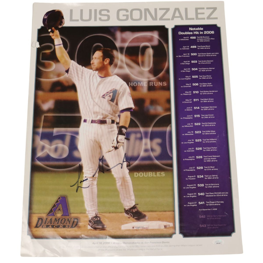 Luis Gonzalez Arizona Diamondbacks Autographed Signed 16x20 300 HRs, 500 2Bs Poster (JSA COA)