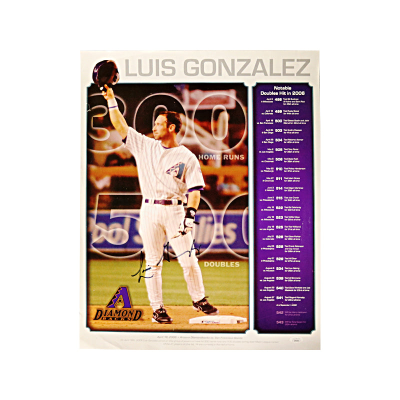 Luis Gonzalez Arizona Diamondbacks Autographed Signed 16x20 300 HRs, 500 2Bs Poster (JSA COA)