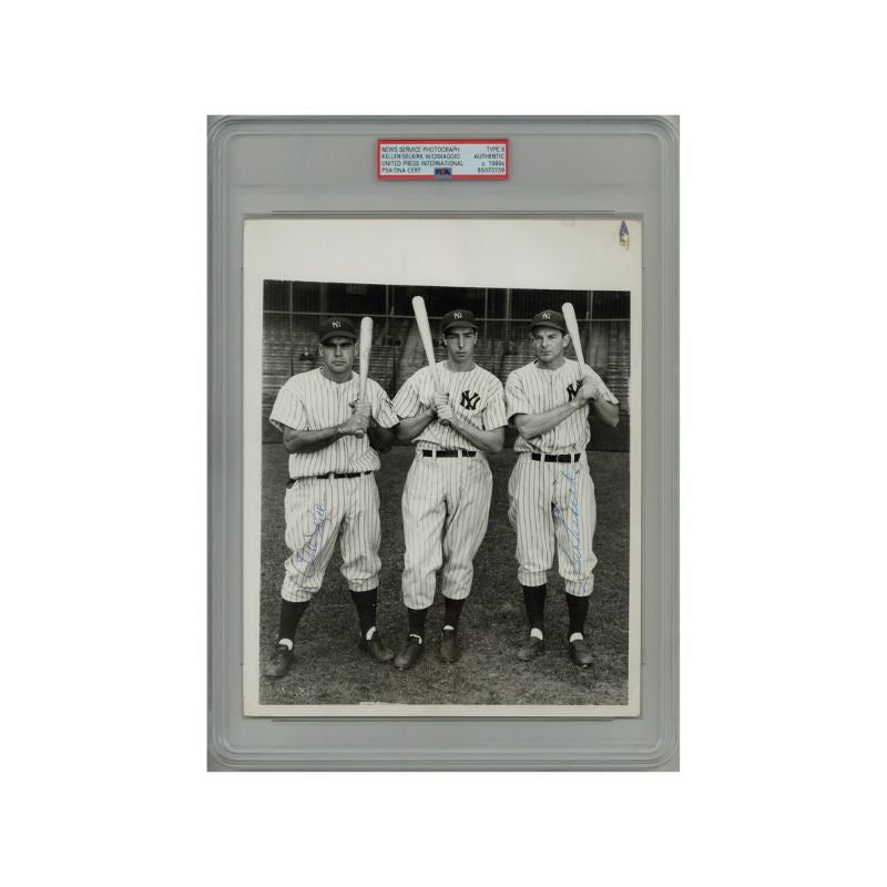 Charles Keller & George Selkirk Autographed Type II Photo w/ Joe Dimmagio (PSA/DNA)