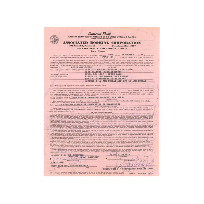 Dizzy Gilespie Autographed Contract (PSA LOA)