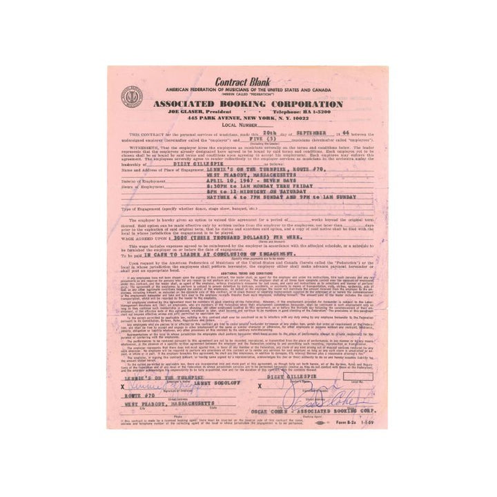 Dizzy Gilespie Autographed Contract (PSA LOA)