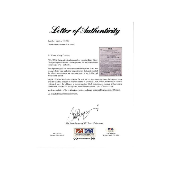 Dizzy Gilespie Autographed Contract (PSA LOA)