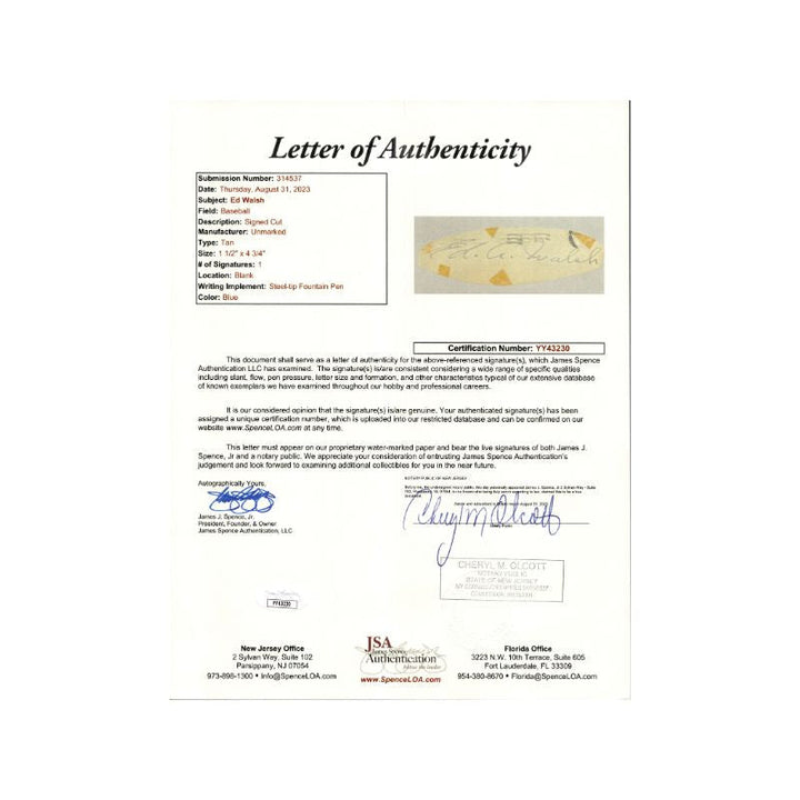 Ed Walsh Chicago White Sox Hall of Fame Cut Autograph (JSA LOA)
