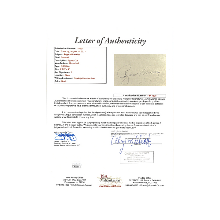 Rogers Hornsby Cardinals Cubs Browns Autographed Signed 2.5x4 Inch Cut Postcard (JSA LOA)