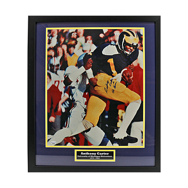 Anthony Carter Autographed Signed Inscribed Michigan Wolverines 16x20 Breaking Tackle Framed Photo (Sports Collectibles COA)