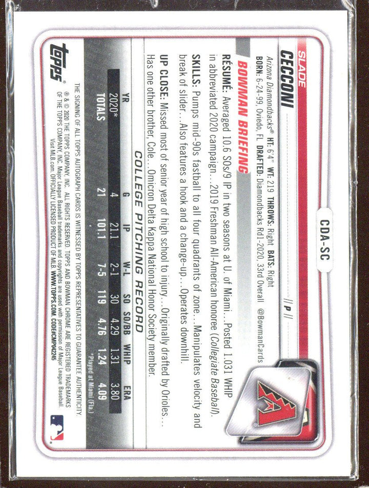 2020 Bowman Chrome Slade Cecconi #CDA-SC Black Refractor /75 Auto 1st Rookie RC