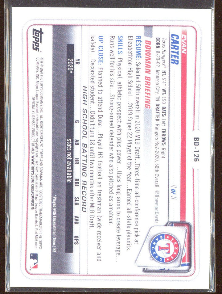 2020 Bowman Draft Paper Evan Carter #BD-126 Green /99 Rookie RC