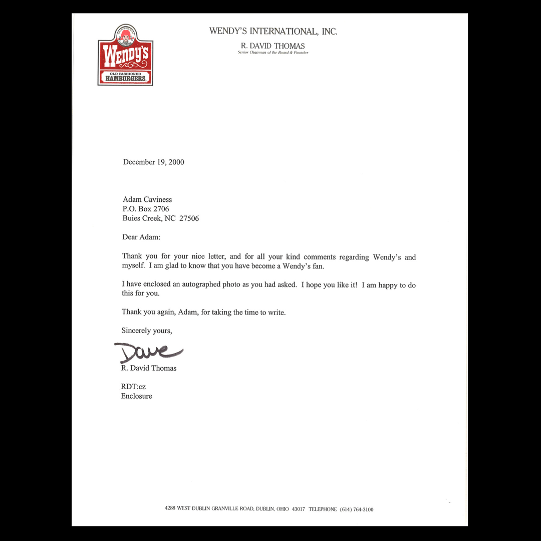 Dave Thomas Autographed Personalized 8x10 with Autographed Letter (JSA COA)