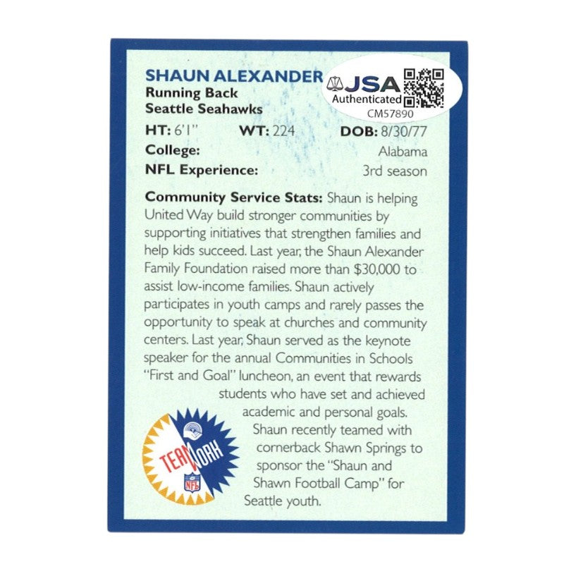 Shaun Alexander Seattle Seahawks Autographed Inscribed Trading Card JSA COA
