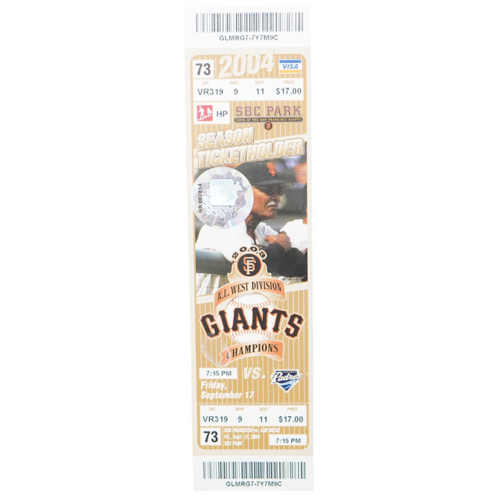 San Francisco Giants vs. San Diego Padres SBC Park 9/17/2004 Ticket