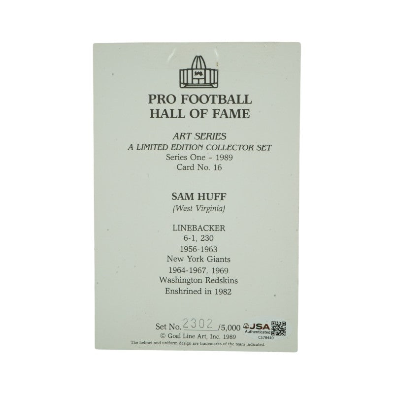 Sam Huff New York Giants Autographed 1989 Goal Line Art Card #16 LE 2302/5000 JSA COA