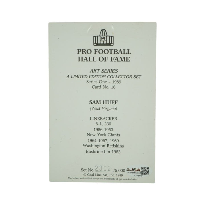 Sam Huff New York Giants Autographed 1989 Goal Line Art Card #16 LE 2302/5000 JSA COA
