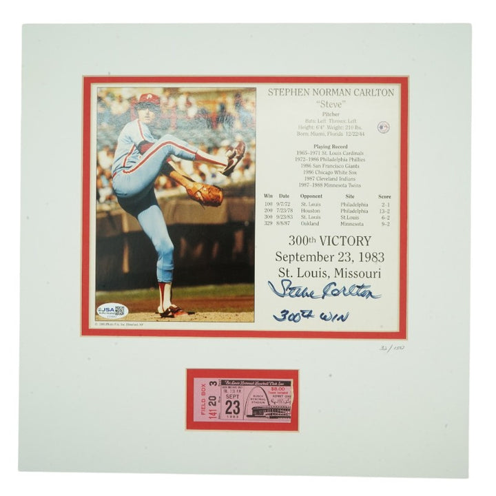 Steve Carlton Philadelphia Phillies 300th Win Autographed Inscribed Matted 8x10 Photo & Ticket Stub Collage LE 32/150 JSA COA