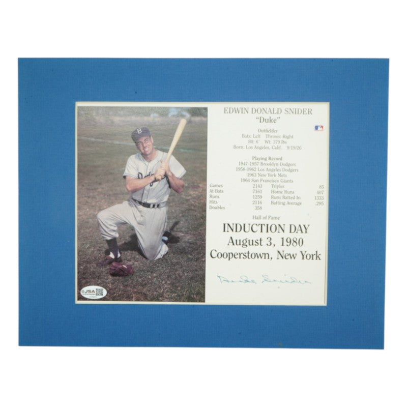 Duke Snider Brooklyn Dodgers Autographed Matted 7x9 Induction Day Card JSA COA